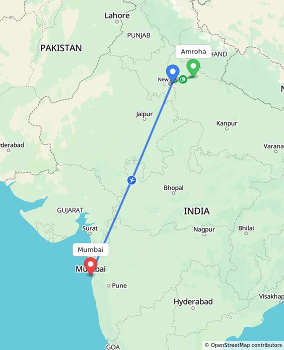 Route map showing distance and travel time from Amroha, India to Mumbai, India