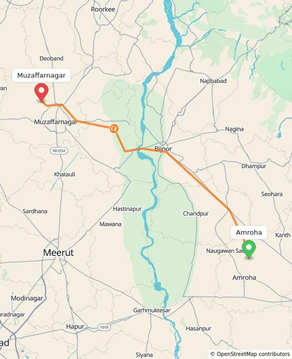 Route map showing distance and travel time from Amroha, India to Muzaffarnagar, India