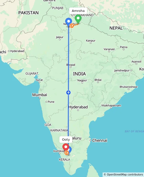 Route map showing distance and travel time from Amroha, India to Ooty, India