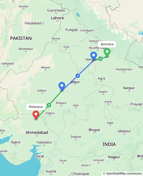 Route map showing distance and travel time from Amroha, India to Palanpur, India