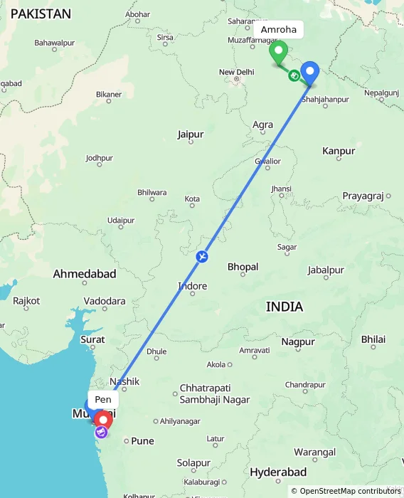 Route map showing distance and travel time from Amroha, India to Pen, India