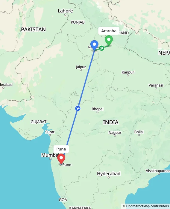 Route map showing distance and travel time from Amroha, India to Pune, India