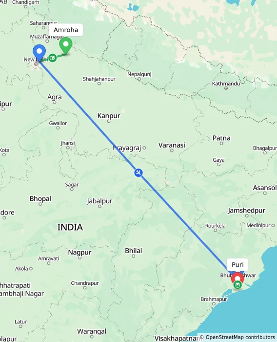 Route map showing distance and travel time from Amroha, India to Puri, India