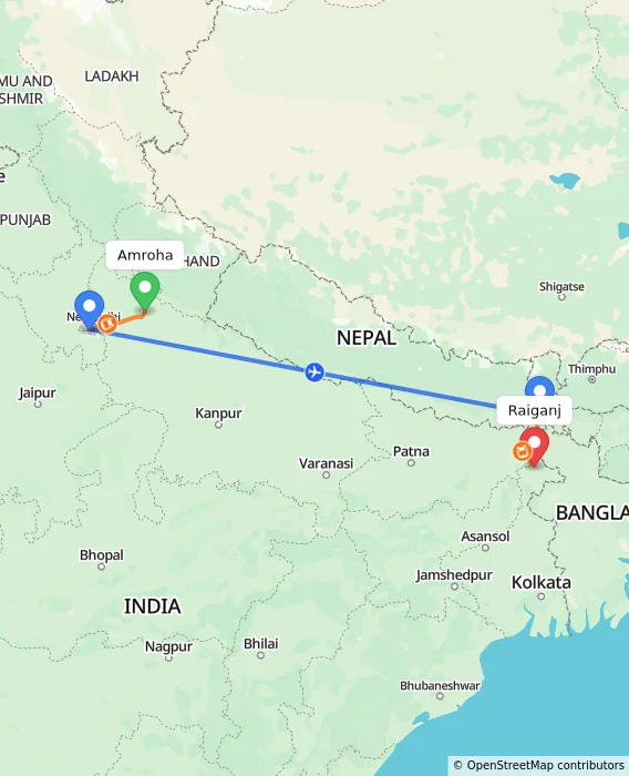 Route map showing distance and travel time from Amroha, India to Raiganj, India