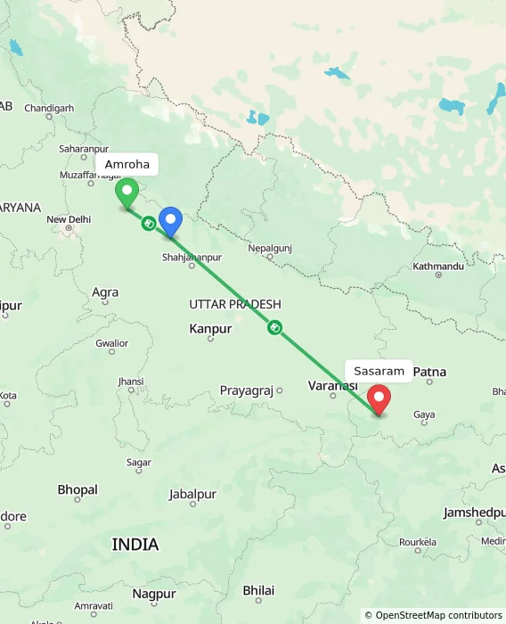 Route map showing distance and travel time from Amroha, India to Sasaram, India
