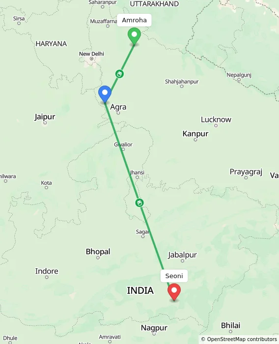 Route map showing distance and travel time from Amroha, India to Seoni, India