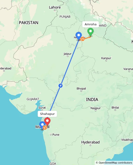 Route map showing distance and travel time from Amroha, India to Shahapur, India