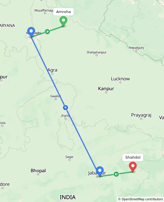 Route map showing distance and travel time from Amroha, India to Shahdol, India