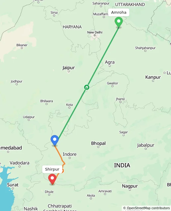 Route map showing distance and travel time from Amroha, India to Shirpur, India