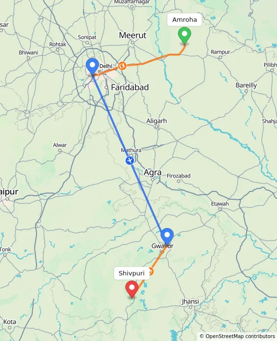 Route map showing distance and travel time from Amroha, India to Shivpuri, India