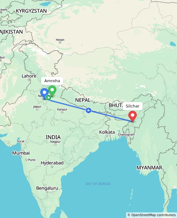 Route map showing distance and travel time from Amroha, India to Silchar, India