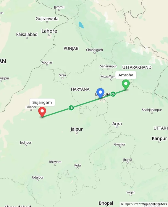 Route map showing distance and travel time from Amroha, India to Sujangarh, India