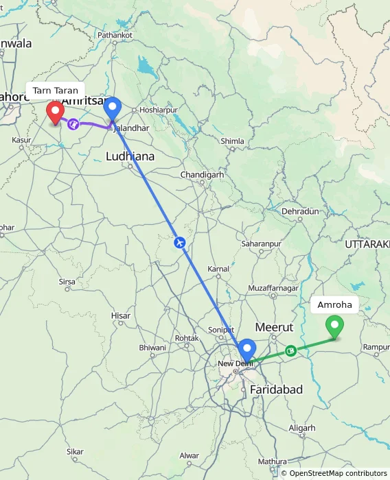 Route map showing distance and travel time from Amroha, India to Tarn Taran, India