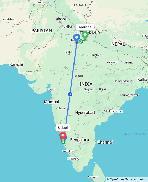 Route map showing distance and travel time from Amroha, India to Udupi, India