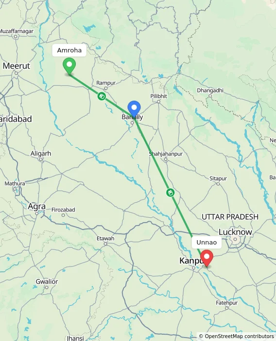 Route map showing distance and travel time from Amroha, India to Unnao, India