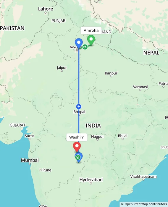 Route map showing distance and travel time from Amroha, India to Washim, India