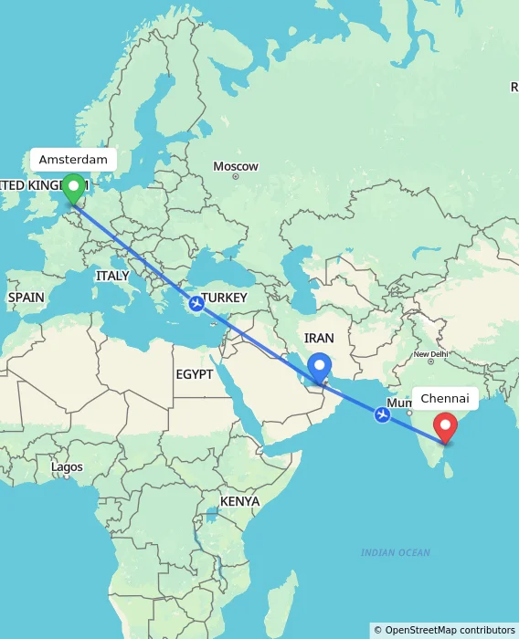 Route map showing distance and travel time from Amsterdam, Netherlands to Chennai, India