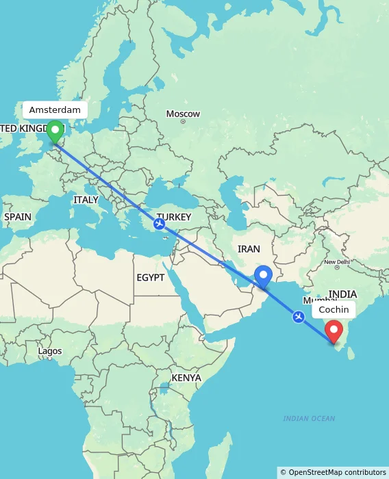 Route map showing distance and travel time from Amsterdam, Netherlands to Cochin, India