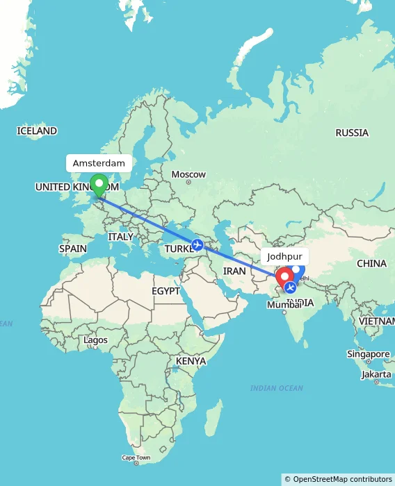 Route map showing distance and travel time from Amsterdam, Netherlands to Jodhpur, India