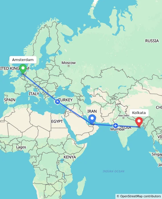 Route map showing distance and travel time from Amsterdam, Netherlands to Kolkata, India