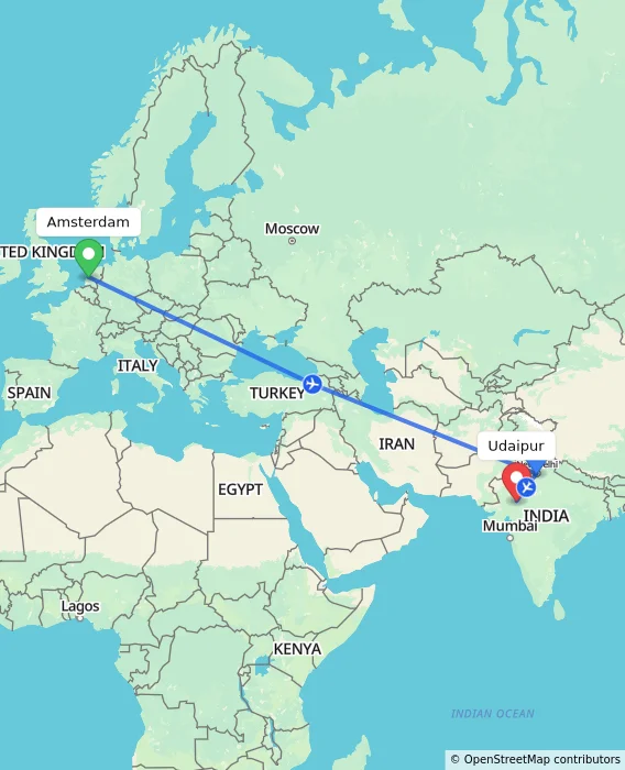 Route map showing distance and travel time from Amsterdam, Netherlands to Udaipur, India