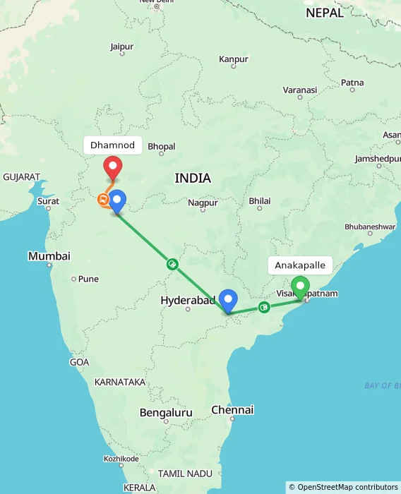 Route map showing distance and travel time from Anakapalle, India to Dhamnod, India