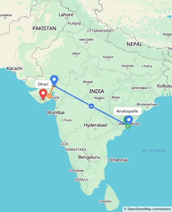 Route map showing distance and travel time from Anakapalle, India to Dhari, India
