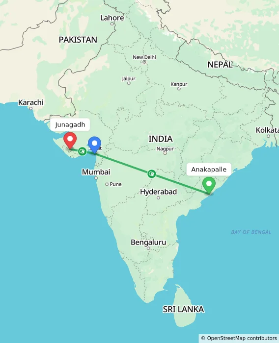 Route map showing distance and travel time from Anakapalle, India to Junagadh, India