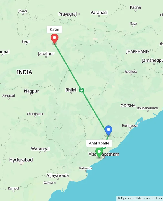 Route map showing distance and travel time from Anakapalle, India to Katni, India