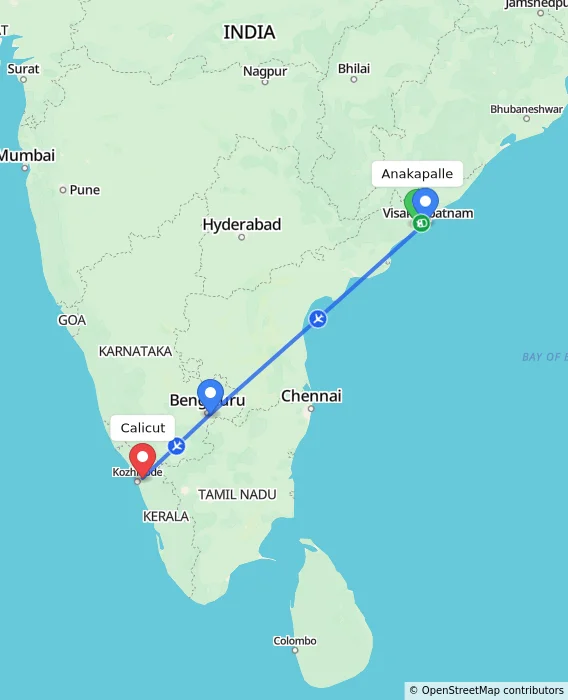 Route map showing distance and travel time from Anakapalle, India to Kozhikode, India