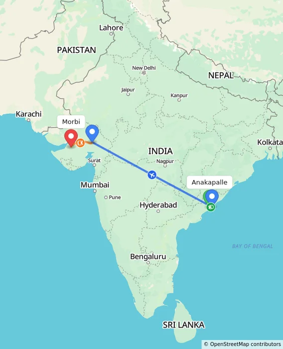 Route map showing distance and travel time from Anakapalle, India to Morbi, India