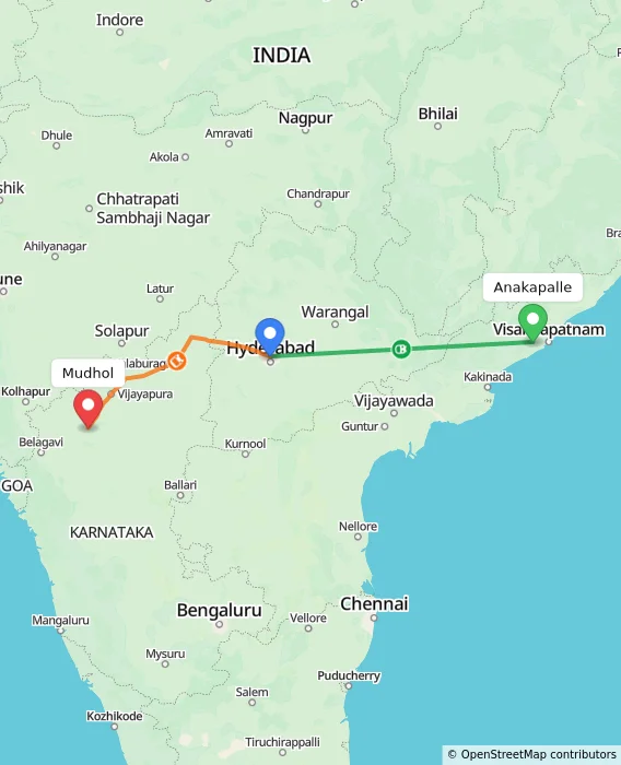 Route map showing distance and travel time from Anakapalle, India to Mudhol, India
