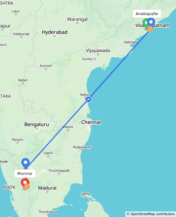 Route map showing distance and travel time from Anakapalle, India to Munnar, India