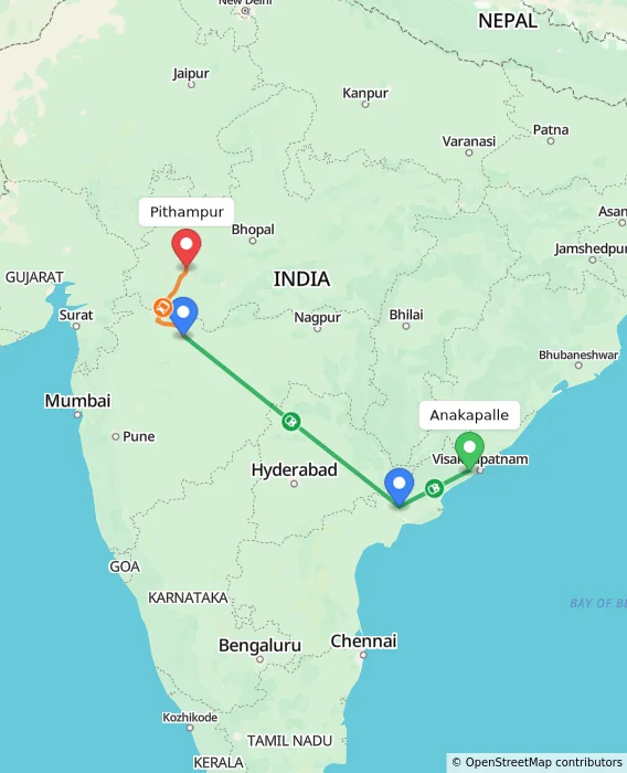 Route map showing distance and travel time from Anakapalle, India to Pithampur, India