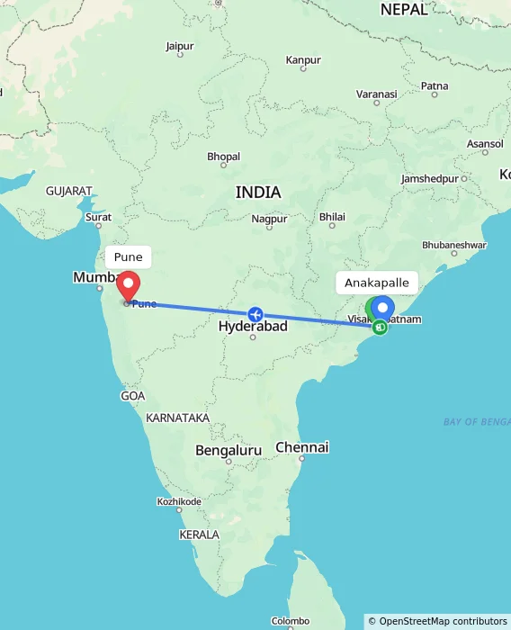 Route map showing distance and travel time from Anakapalle, India to Pune, India