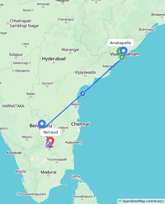Route map showing distance and travel time from Anakapalle, India to Yercaud, India