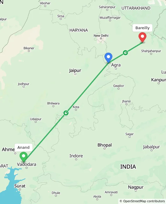 Route map showing distance and travel time from Anand, India to Bareilly, India