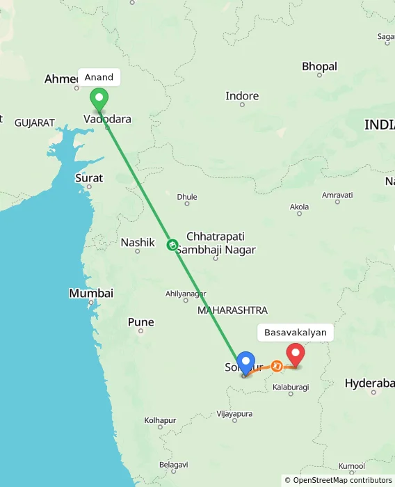 Route map showing distance and travel time from Anand, India to Basavakalyan, India