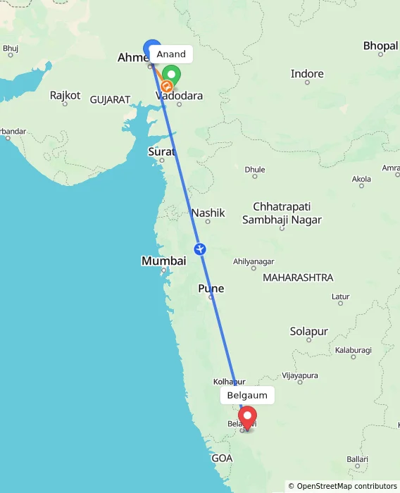 Route map showing distance and travel time from Anand, India to Belgaum, India