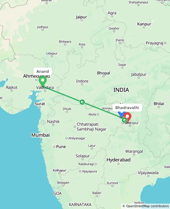 Route map showing distance and travel time from Anand, India to Bhadravathi, India