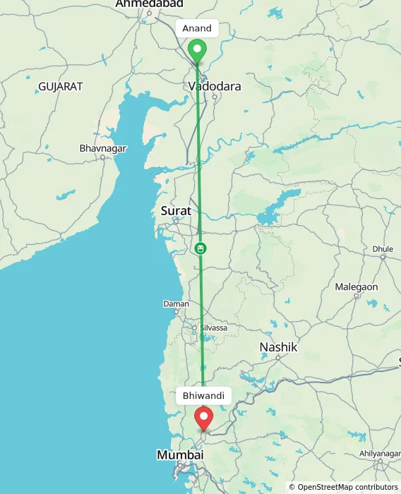 Route map showing distance and travel time from Anand, India to Bhiwandi, India