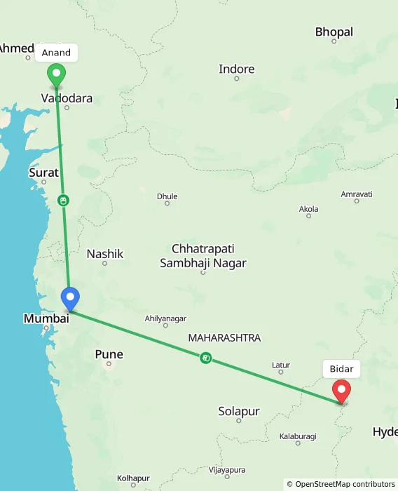 Route map showing distance and travel time from Anand, India to Bidar, India