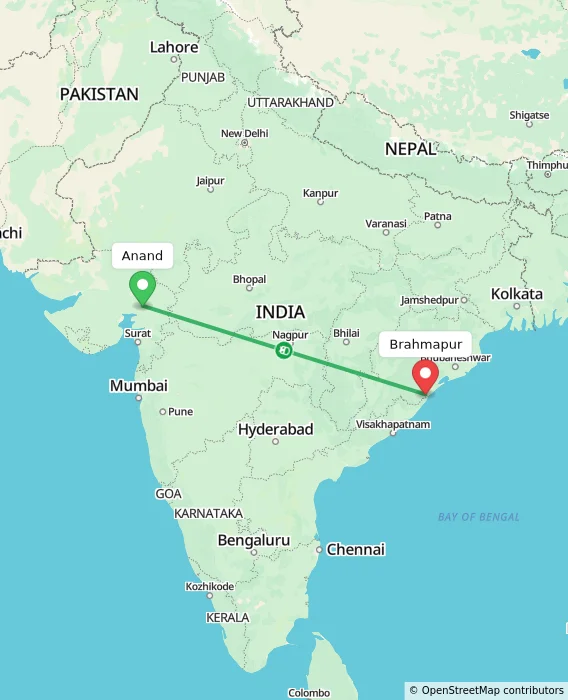 Route map showing distance and travel time from Anand, India to Brahmapur, India