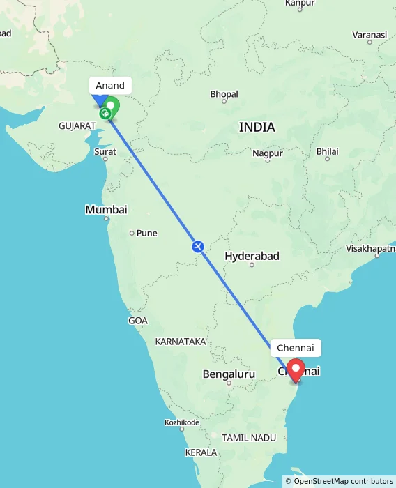 Route map showing distance and travel time from Anand, India to Chennai, India