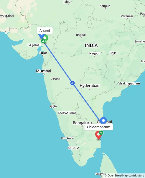 Route map showing distance and travel time from Anand, India to Chidambaram, India