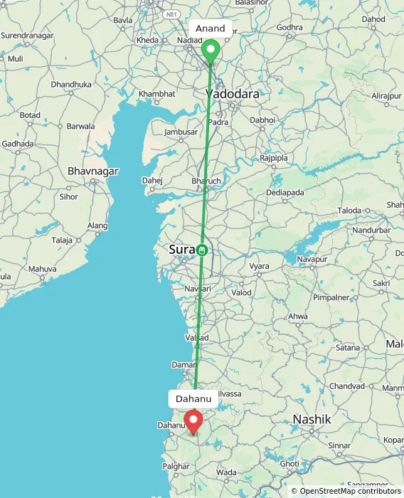 Route map showing distance and travel time from Anand, India to Dahanu, India