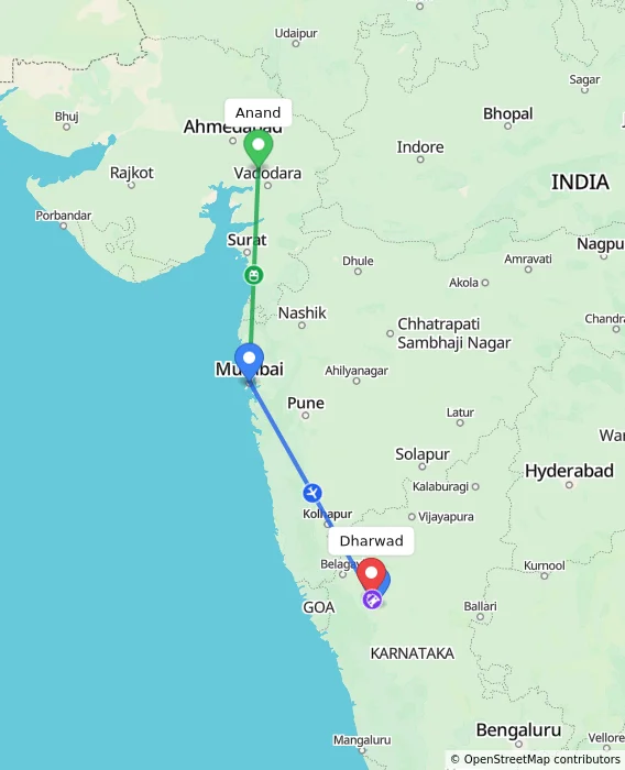 Route map showing distance and travel time from Anand, India to Dharwad, India