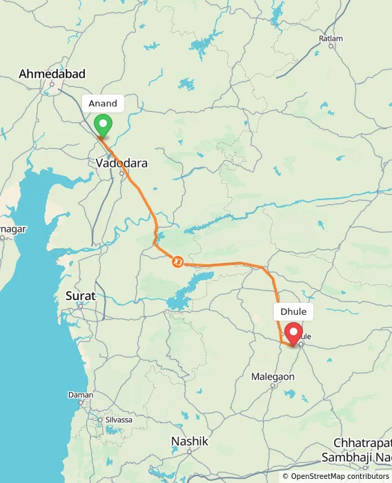 Route map showing distance and travel time from Anand, India to Dhule, India