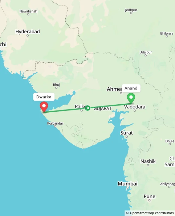 Route map showing distance and travel time from Anand, India to Dwarka, India