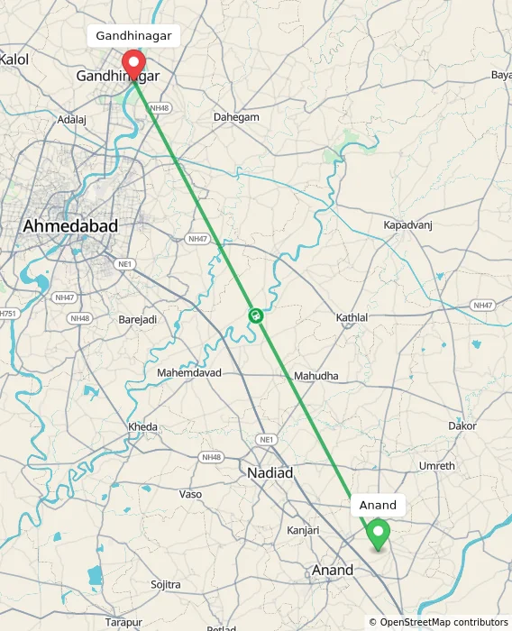 Route map showing distance and travel time from Anand, India to Gandhinagar, India